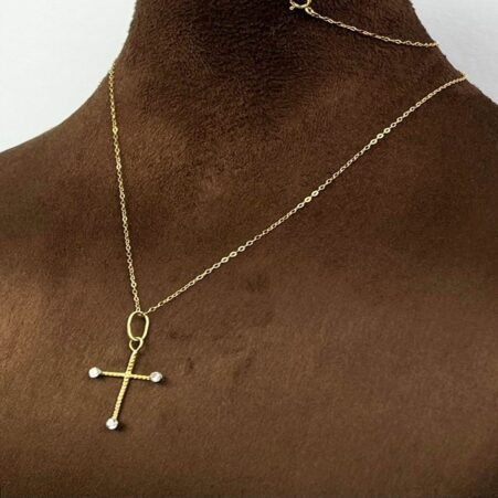 GNZC-1015-089-0118k Real Saudi Gold 3 Zircon Cross Necklace